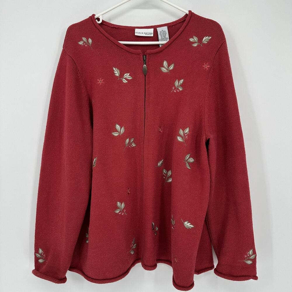 Croft & Barrow Cardigan Sweater Womens 1X Red Floral Embroidered Zip Knit Top